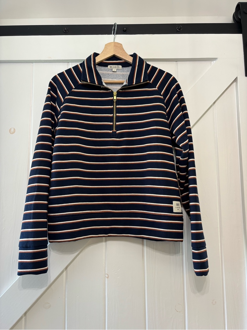 Albion Fit Oxford Fleece Quarter Zip Up Navy Stripe Pullover Preppy Small